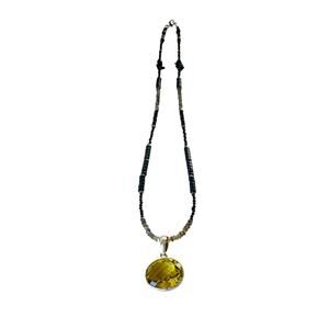 Big Lemon Citrine Carved Silver Pendant Black Onyx Labradorite Beaded Chain 20"